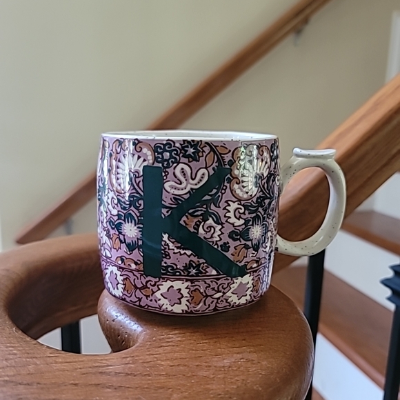ANTHROPOLOGIE Blockprinted Monogram Mug Letter K Floral Boho Purple Coffee - Picture 1 of 9